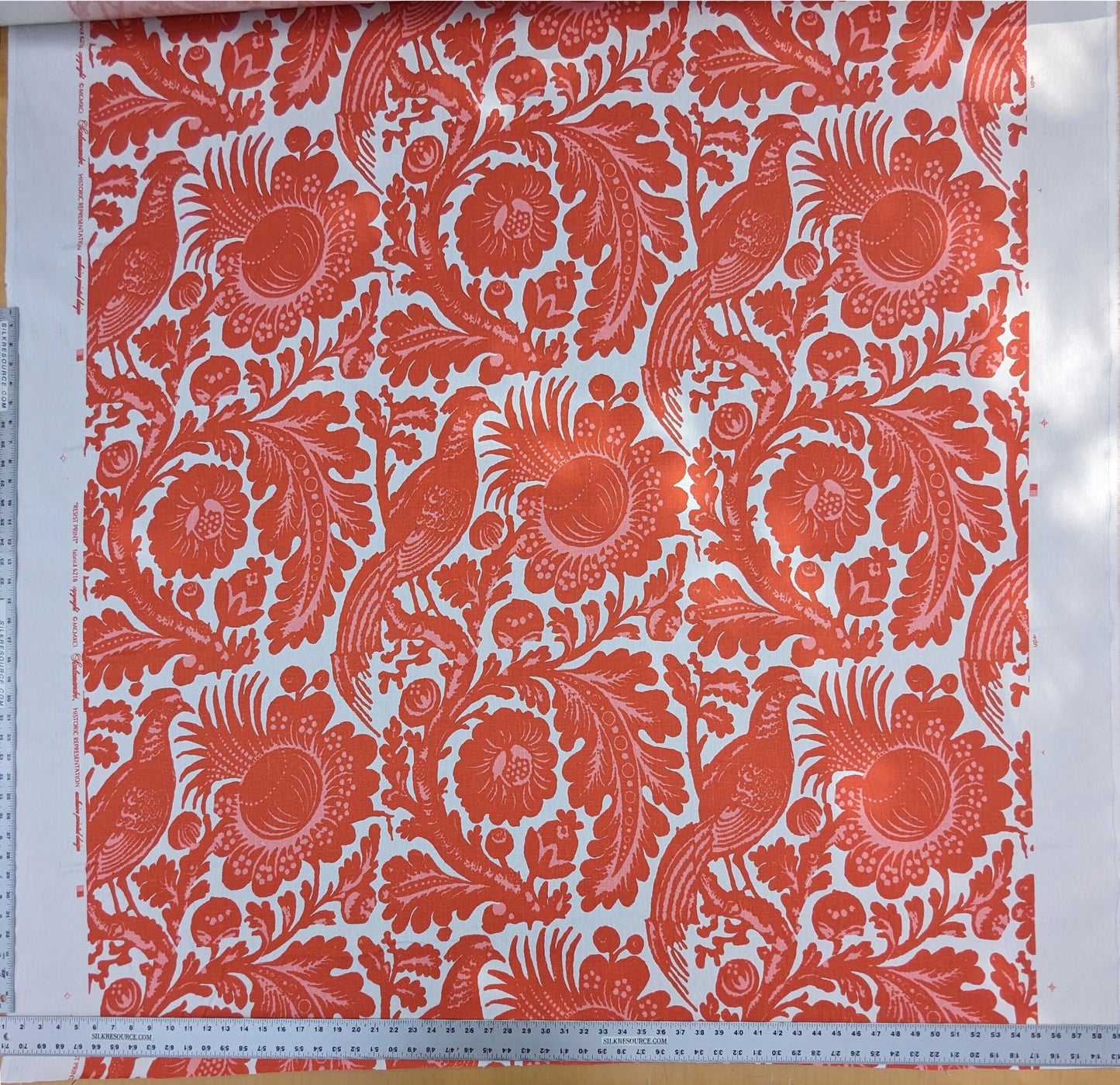 Scalamandre Resist Print Bird Flower Toile Linen Tangerine Red Orange on White MSRP USD 300/Y