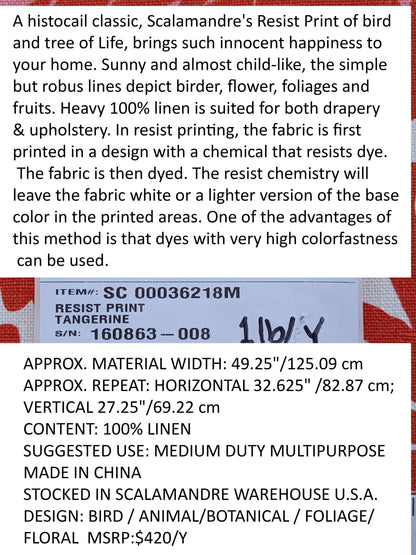 Scalamandre Resist Print Bird Flower Toile Linen Tangerine Red Orange on White MSRP USD 300/Y