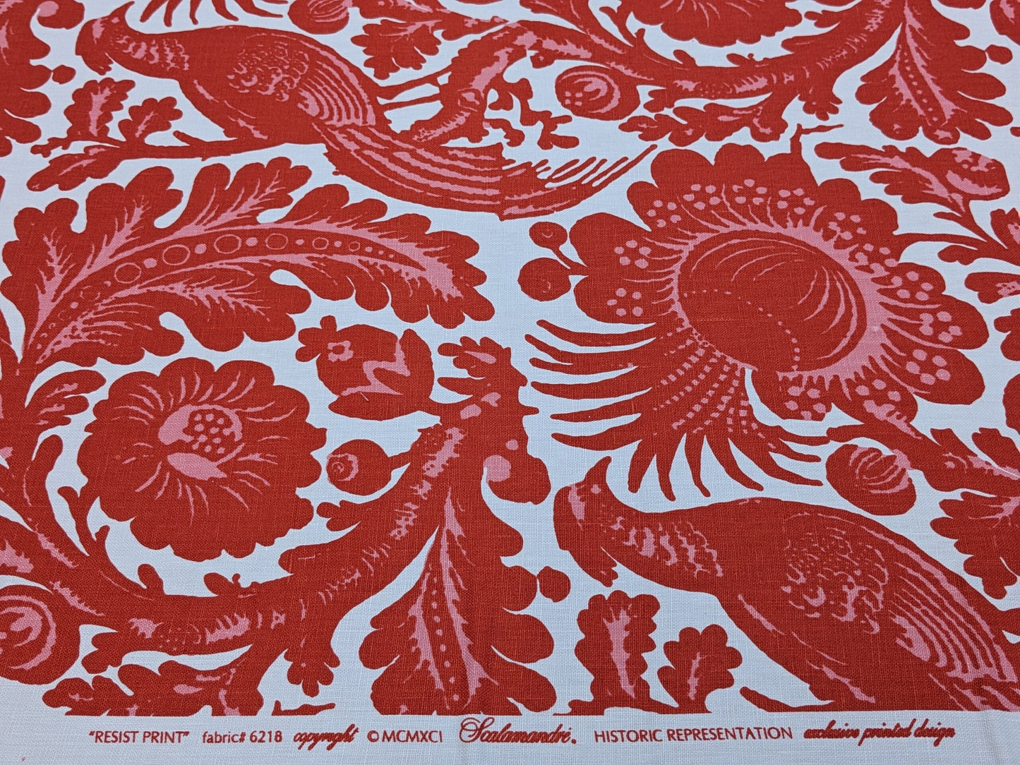 Scalamandre Resist Print Bird Flower Toile Linen Tangerine Red Orange on White MSRP USD 300/Y