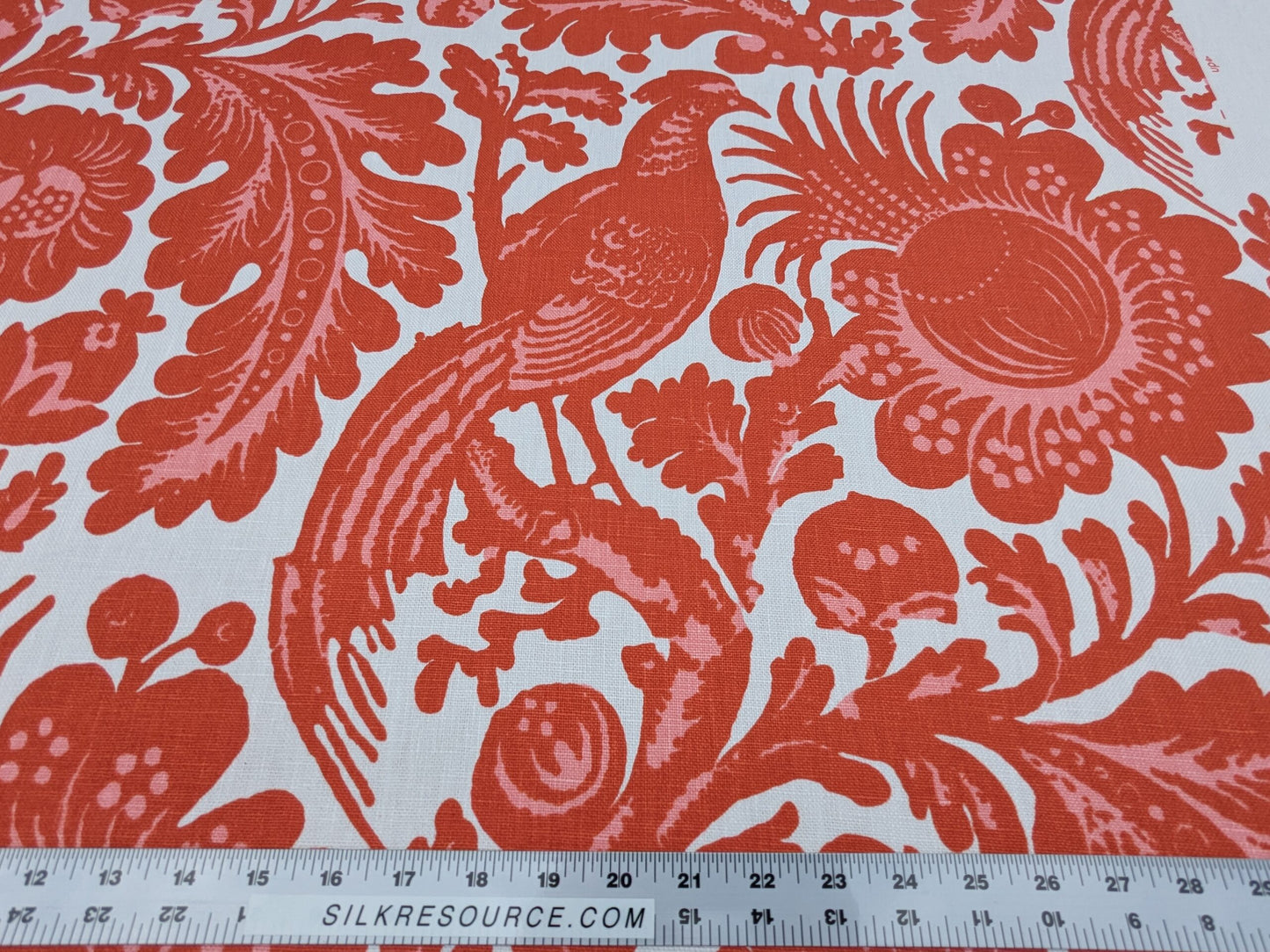 Scalamandre Resist Print Bird Flower Toile Linen Tangerine Red Orange on White MSRP USD 300/Y