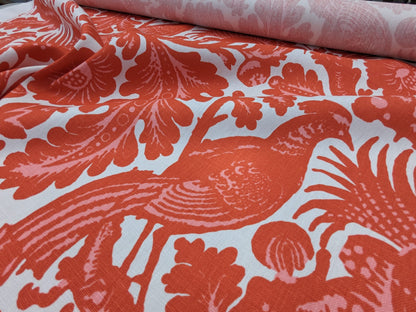 Scalamandre Resist Print Bird Flower Toile Linen Tangerine Red Orange on White MSRP USD 300/Y
