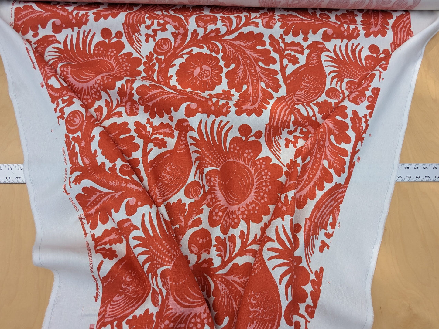Scalamandre Resist Print Bird Flower Toile Linen Tangerine Red Orange on White MSRP USD 300/Y