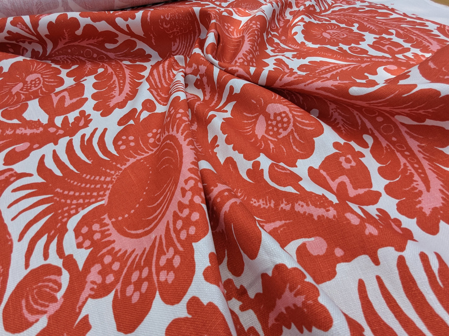 Scalamandre Resist Print Bird Flower Toile Linen Tangerine Red Orange on White MSRP USD 300/Y