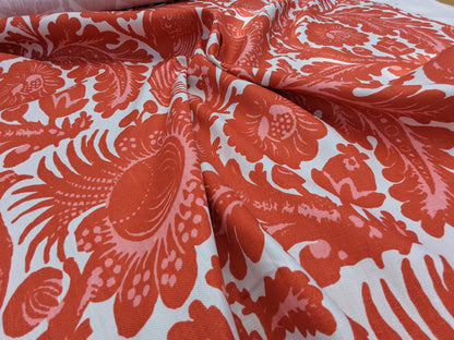 Scalamandre Resist Print Bird Flower Toile Linen Tangerine Red Orange on White MSRP USD 300/Y