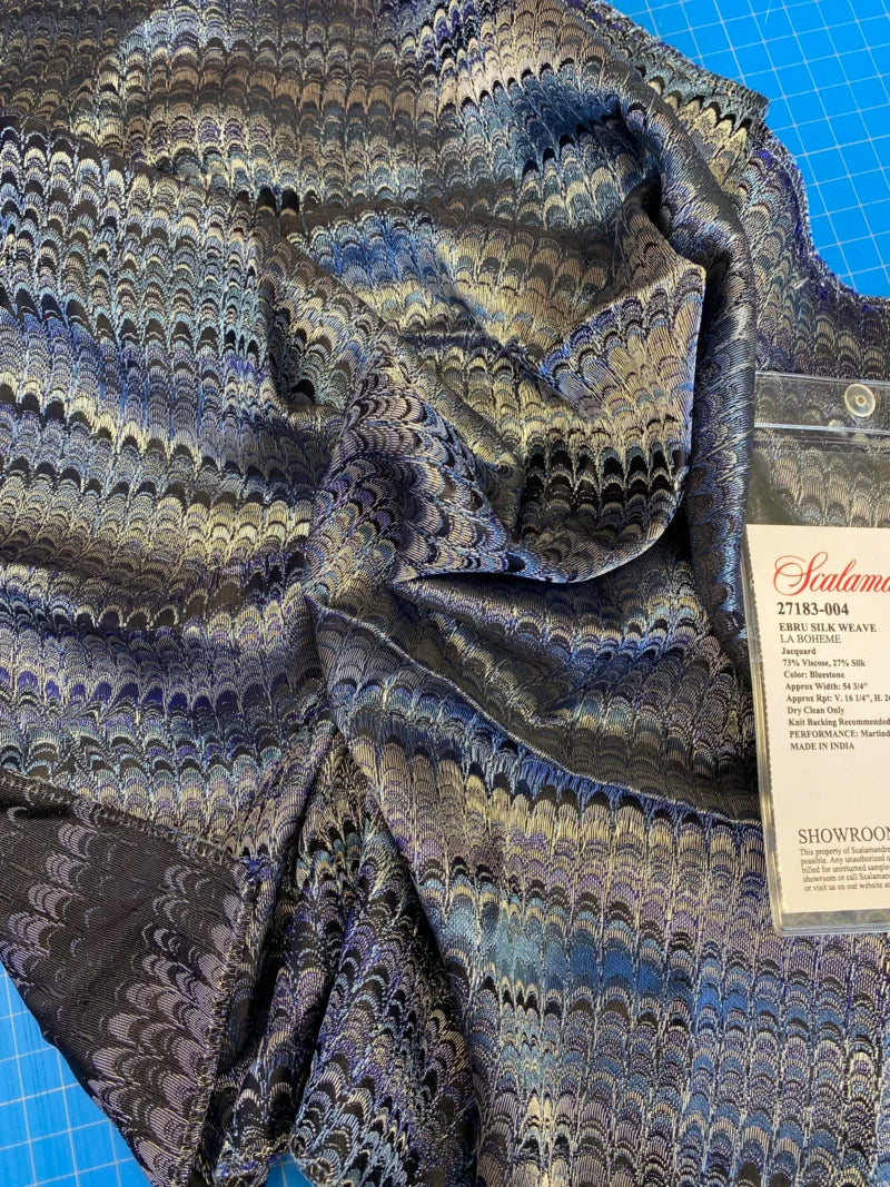 29 Berkbox72 Scalamandre Square Ebru Silk Weave Blue Stone Marbled Paper Silk Jacquard Texture Blue MSRP USD 424/y
