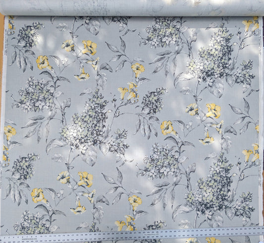 Scalamandre Merrimon in Grey Yellow Print Silky Linen Fragrant Summer lilac trumpet flower or jimsonweed MSRP USD 346/y