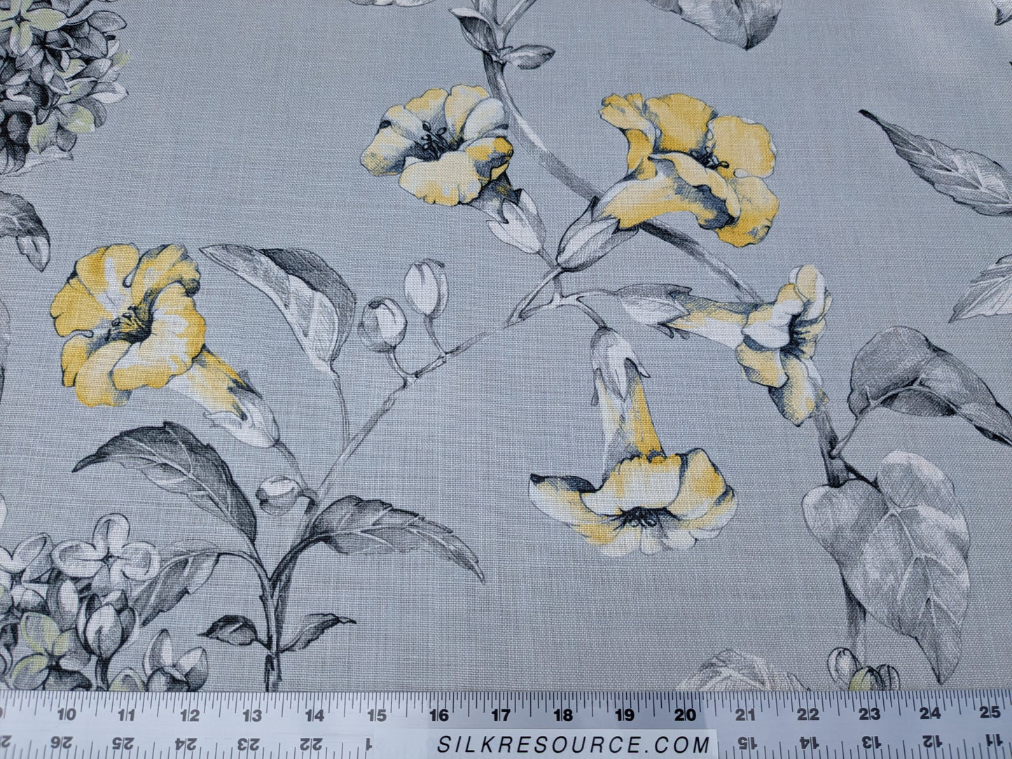 Scalamandre Merrimon in Grey Yellow Print Silky Linen Fragrant Summer lilac trumpet flower or jimsonweed MSRP USD 346/y