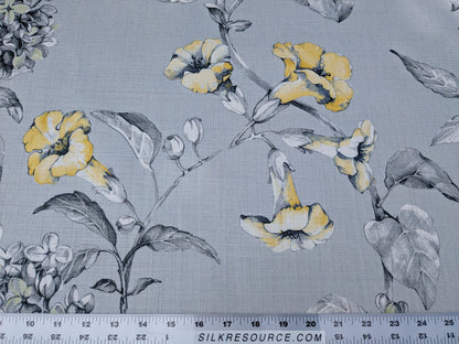 Scalamandre Merrimon in Grey Yellow Print Silky Linen Fragrant Summer lilac trumpet flower or jimsonweed MSRP USD 346/y