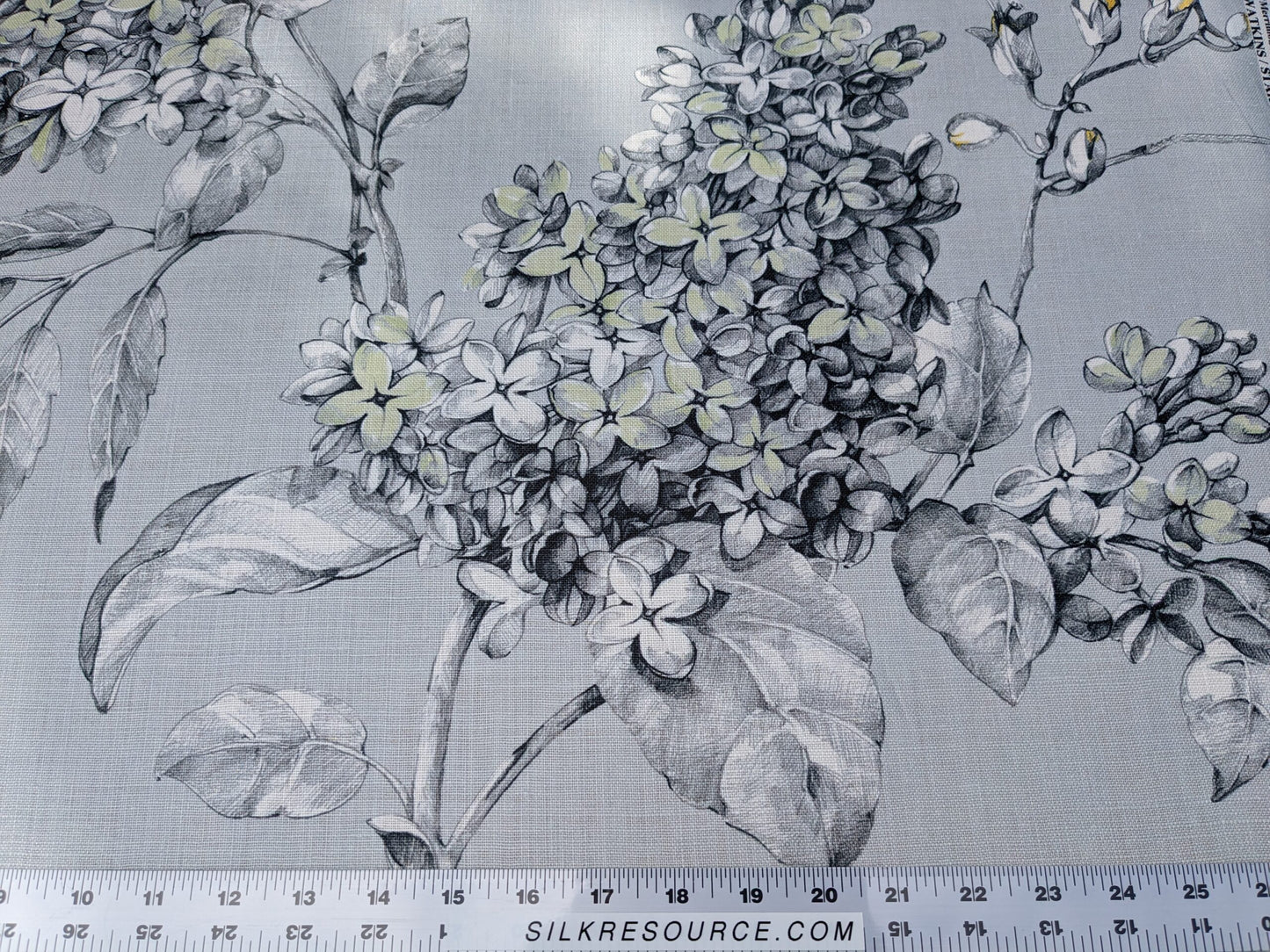 Scalamandre Merrimon in Grey Yellow Print Silky Linen Fragrant Summer lilac trumpet flower or jimsonweed MSRP USD 346/y