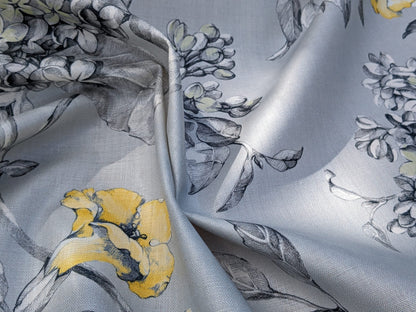 Scalamandre Merrimon in Grey Yellow Print Silky Linen Fragrant Summer lilac trumpet flower or jimsonweed MSRP USD 346/y