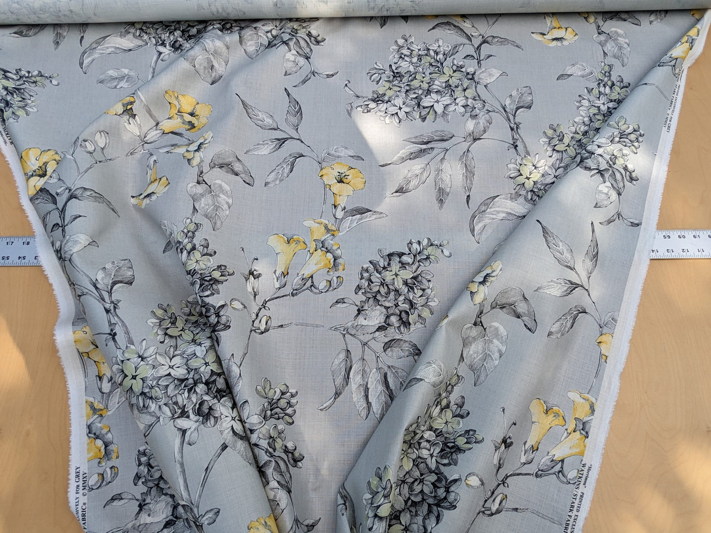 Scalamandre Merrimon in Grey Yellow Print Silky Linen Fragrant Summer lilac trumpet flower or jimsonweed MSRP USD 346/y