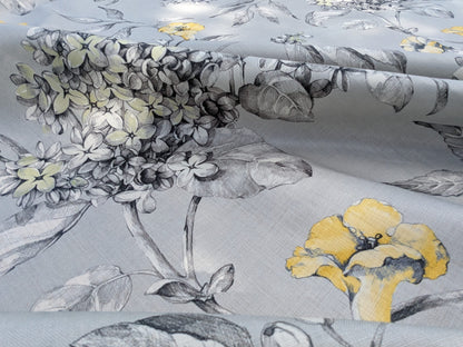 Scalamandre Merrimon in Grey Yellow Print Silky Linen Fragrant Summer lilac trumpet flower or jimsonweed MSRP USD 346/y