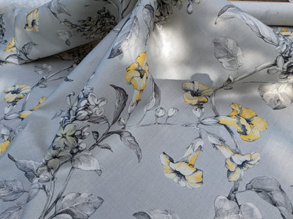 Scalamandre Merrimon in Grey Yellow Print Silky Linen Fragrant Summer lilac trumpet flower or jimsonweed MSRP USD 346/y