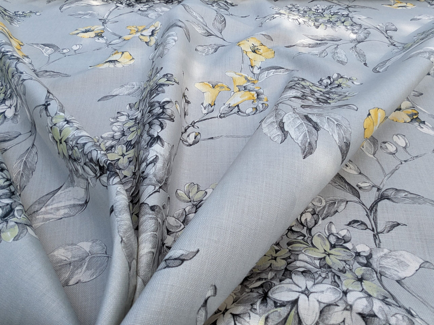 Scalamandre Merrimon in Grey Yellow Print Silky Linen Fragrant Summer lilac trumpet flower or jimsonweed MSRP USD 346/y