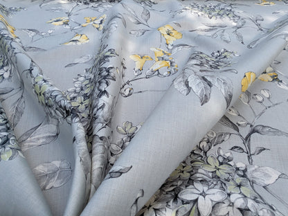 Scalamandre Merrimon in Grey Yellow Print Silky Linen Fragrant Summer lilac trumpet flower or jimsonweed MSRP USD 346/y