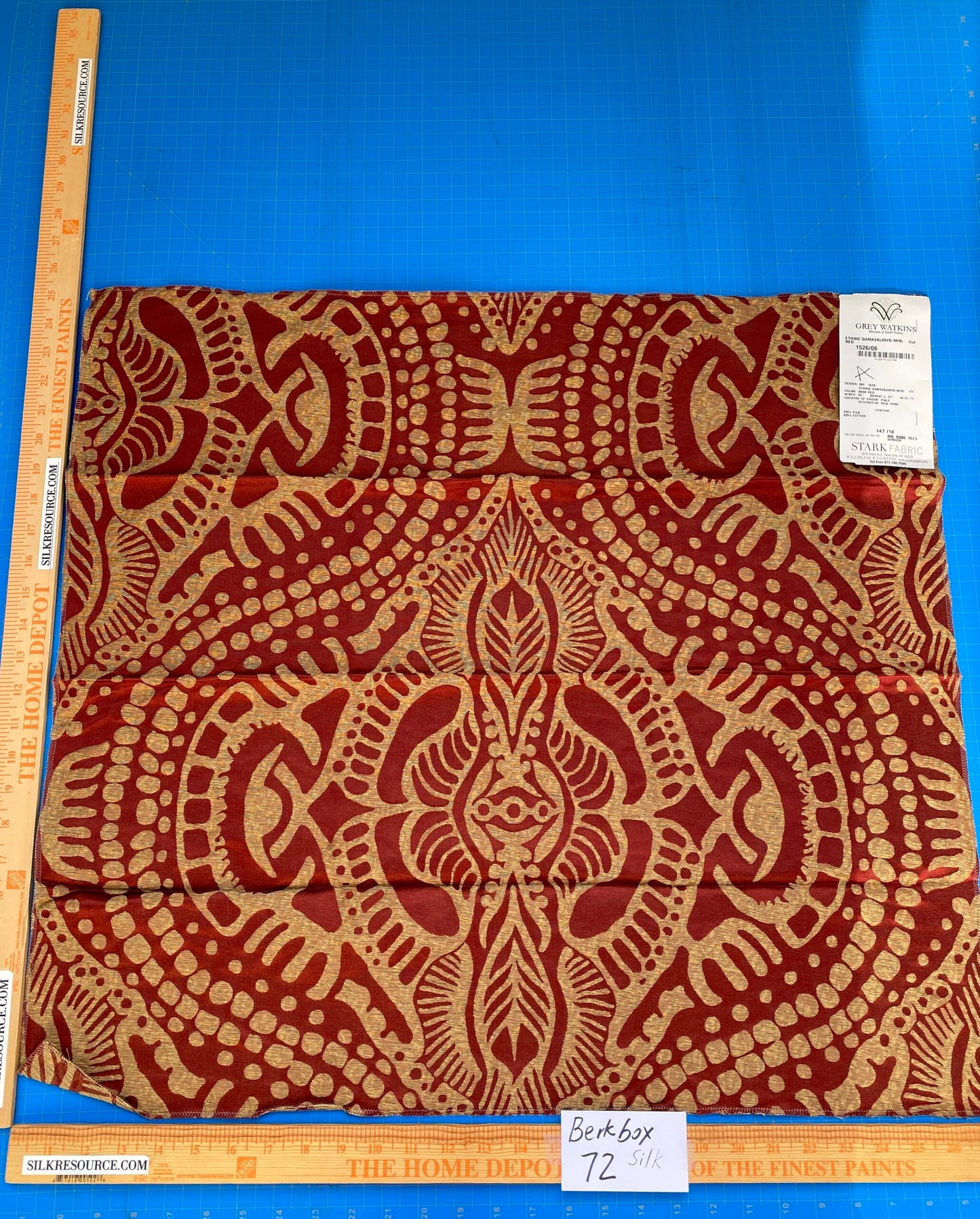 41 Berkbox72 Scalamandre Grey Watkins Square Silk Ethnic Damask Red MSRP USD 706/Y