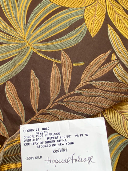48 Berkbox72 Scalamandre Old World Weavers Square Silk  Sylvain Espresso Dark Brown Damask Tropical Foliage Monstera MSRP USD 300+/Y Piece C