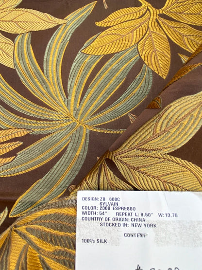 52 Berkbox72 Scalamandre Old World Weavers Square Silk  Sylvain Espresso Dark Brown Damask Tropical Foliage Monstera MSRP USD 300+/Y Piece G