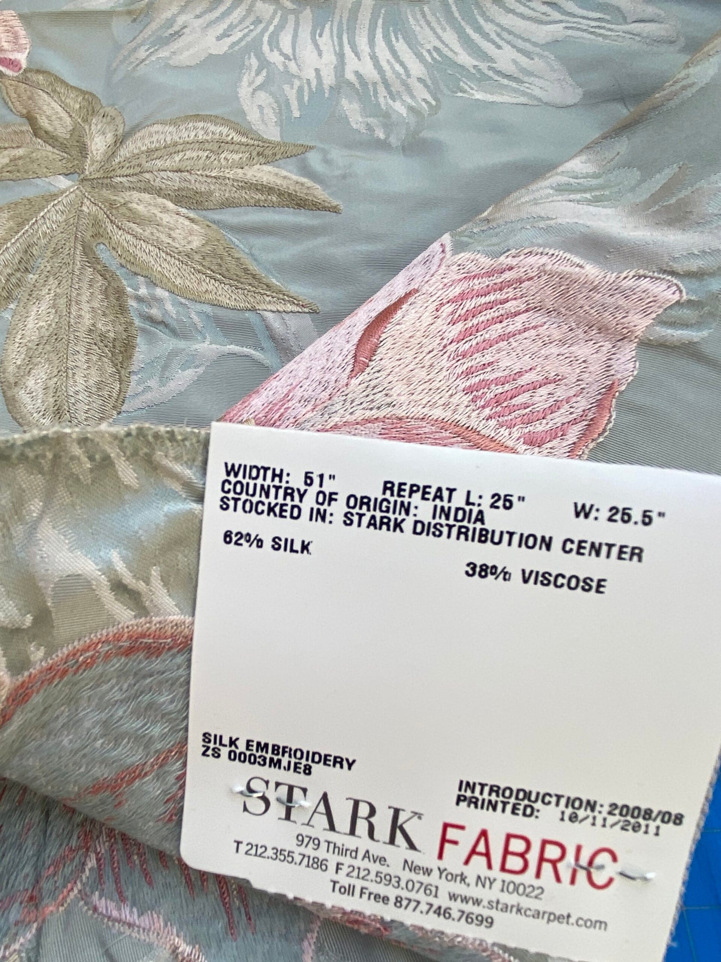 56 Berkbox72 Scalamandre Square Silk Fonthill Austine Aqua Large Flower Embroidery On Silk MSRP USD 172/Y