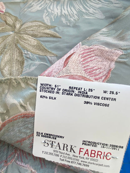 56 Berkbox72 Scalamandre Square Silk Fonthill Austine Aqua Large Flower Embroidery On Silk MSRP USD 172/Y
