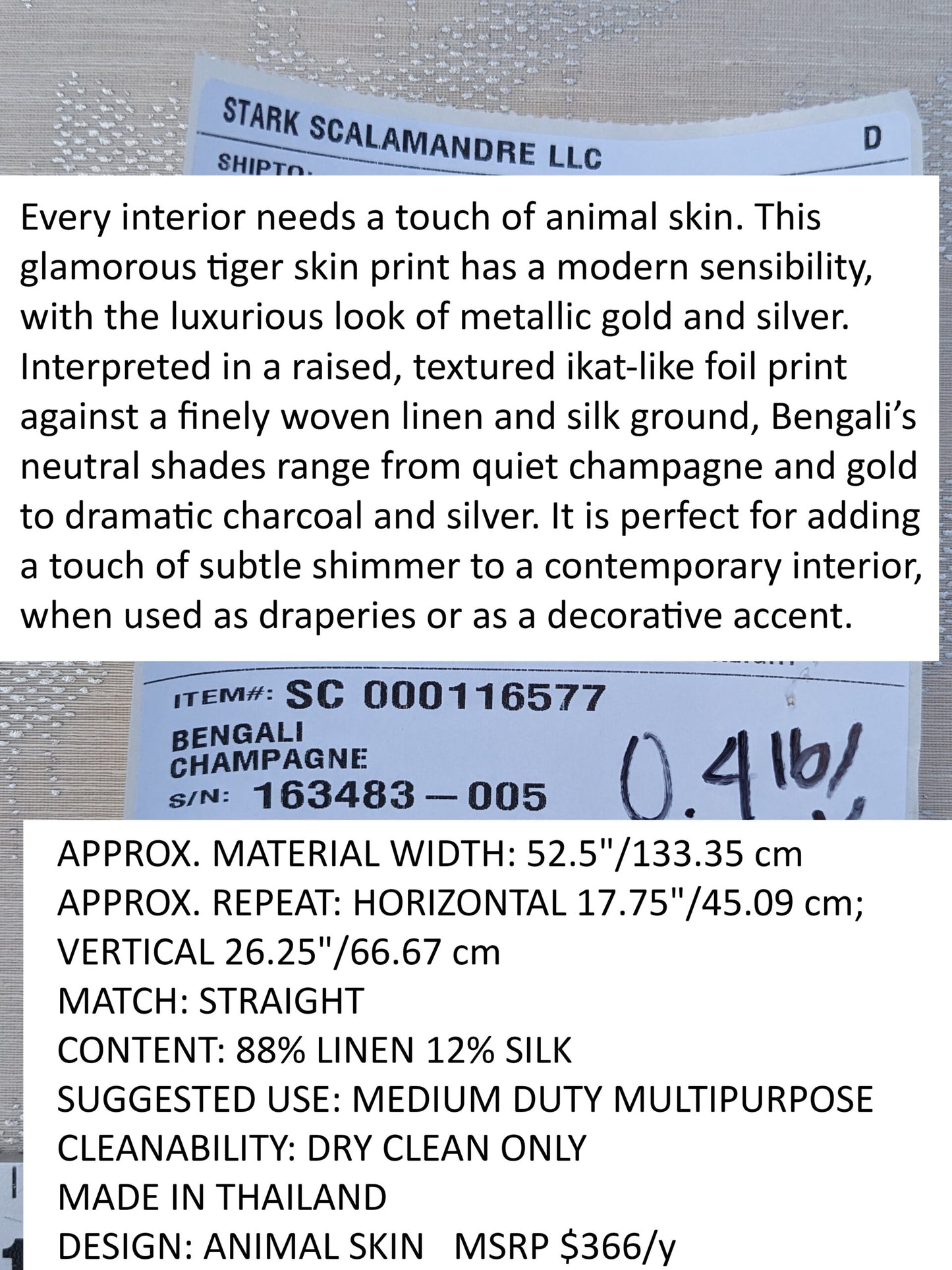 Scalamandre  Bengali Champagne Leopard Tiger Animal Skin Print Linen Silk MSRP USD366/y