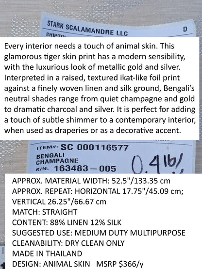 Scalamandre  Bengali Champagne Leopard Tiger Animal Skin Print Linen Silk MSRP USD366/y