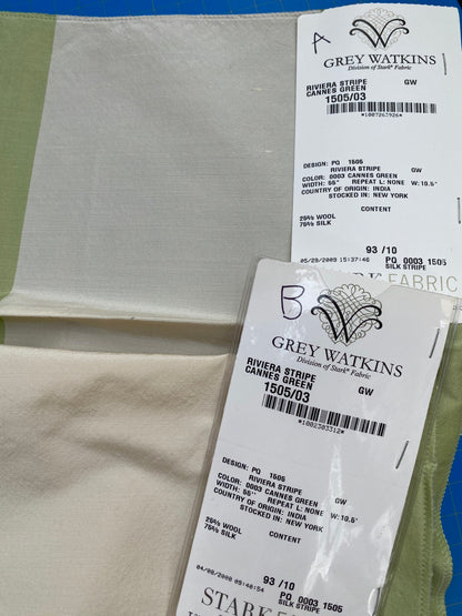 2 Berkbox71 Scalamandre Square Silk Grey Watkins Riviera Stripe Cannez Green White MSRP USD300+/y