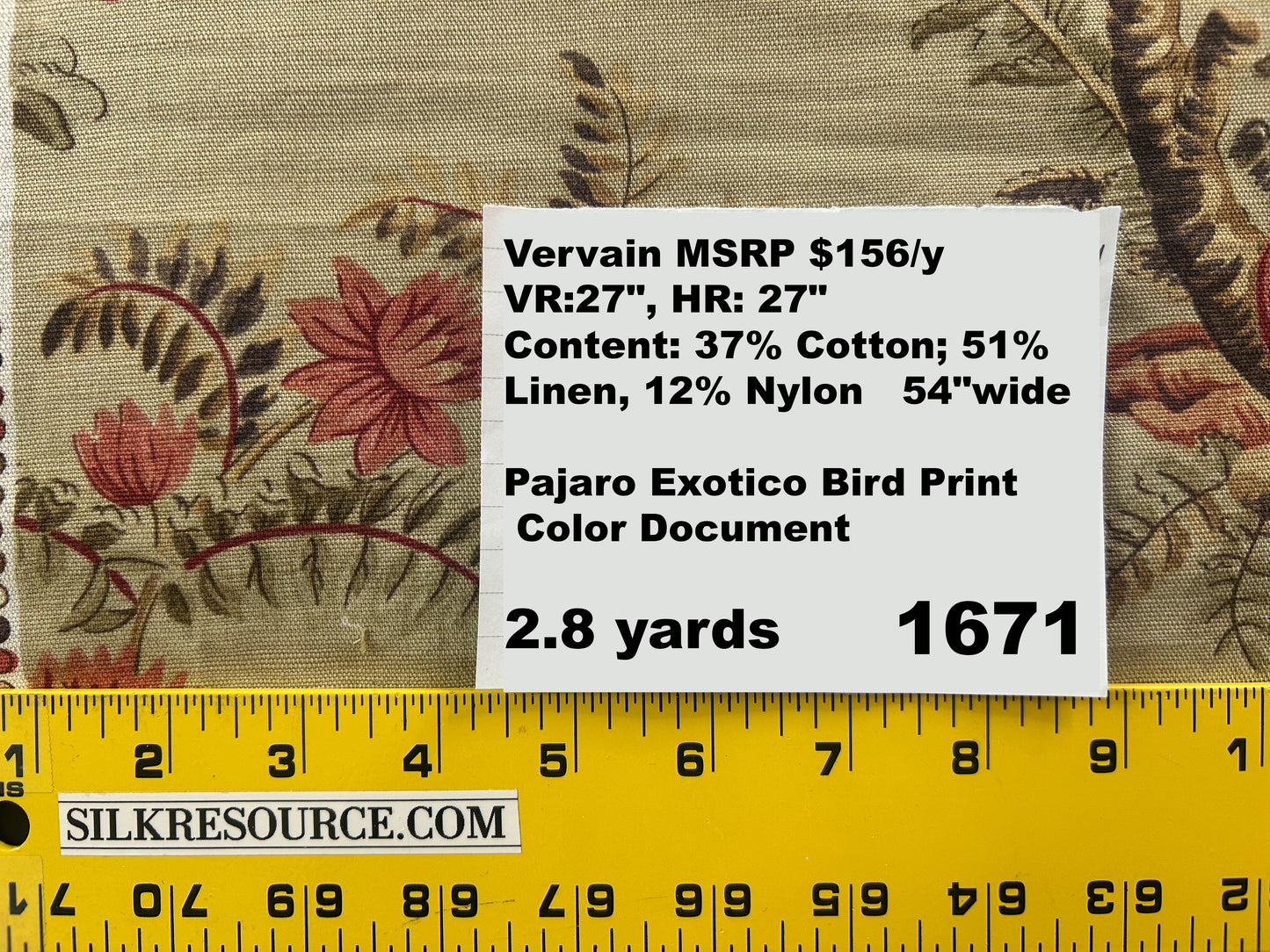 Vervain Pajaro Exotico Print Fabric In Document Beige Light Brown Red Pink Linen Cotton 2.8 Yards MSRP$156/Y