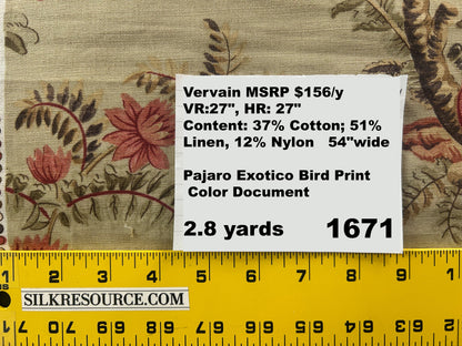 Vervain Pajaro Exotico Print Fabric In Document Beige Light Brown Red Pink Linen Cotton 2.8 Yards MSRP$156/Y