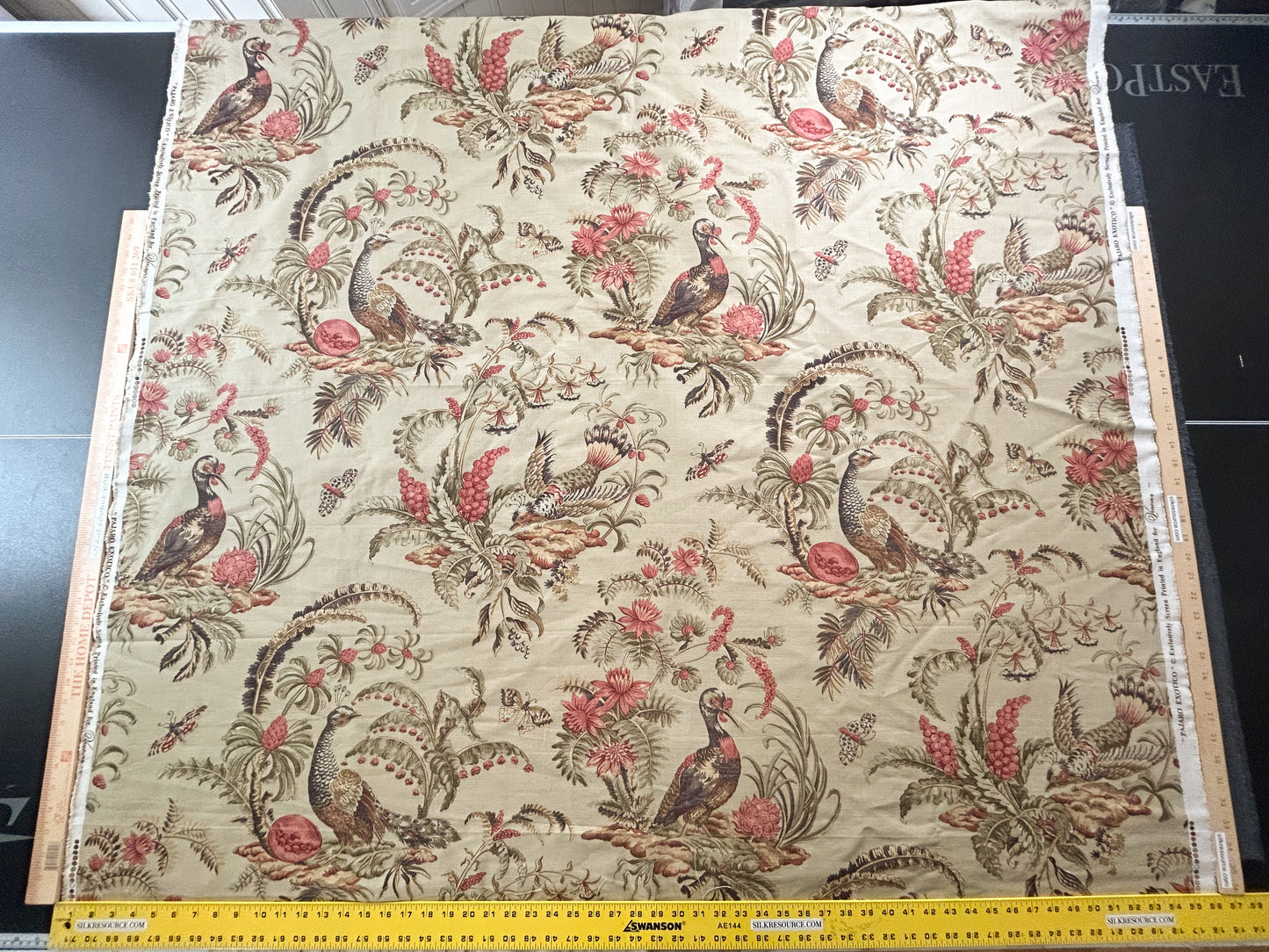 Vervain Pajaro Exotico Print Fabric In Document Beige Light Brown Red Pink Linen Cotton 2.8 Yards MSRP$156/Y