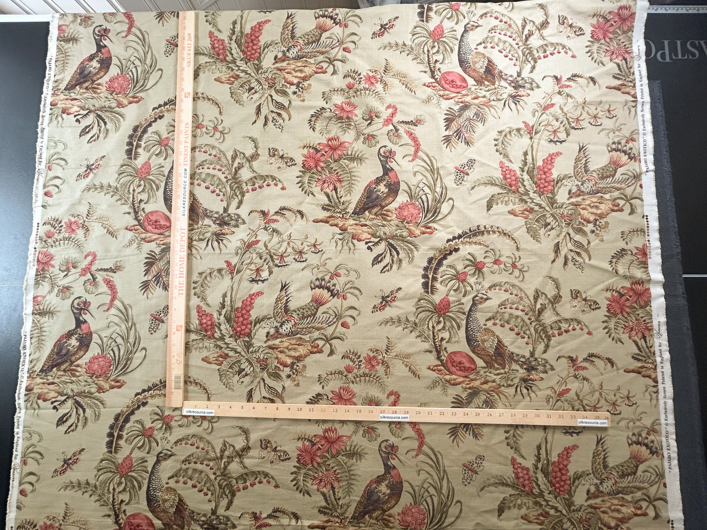 Vervain Pajaro Exotico Print Fabric In Document Beige Light Brown Red Pink Linen Cotton 2.8 Yards MSRP$156/Y