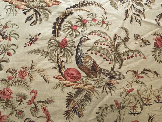 Vervain Pajaro Exotico Print Fabric In Document Beige Light Brown Red Pink Linen Cotton 2.8 Yards MSRP$156/Y