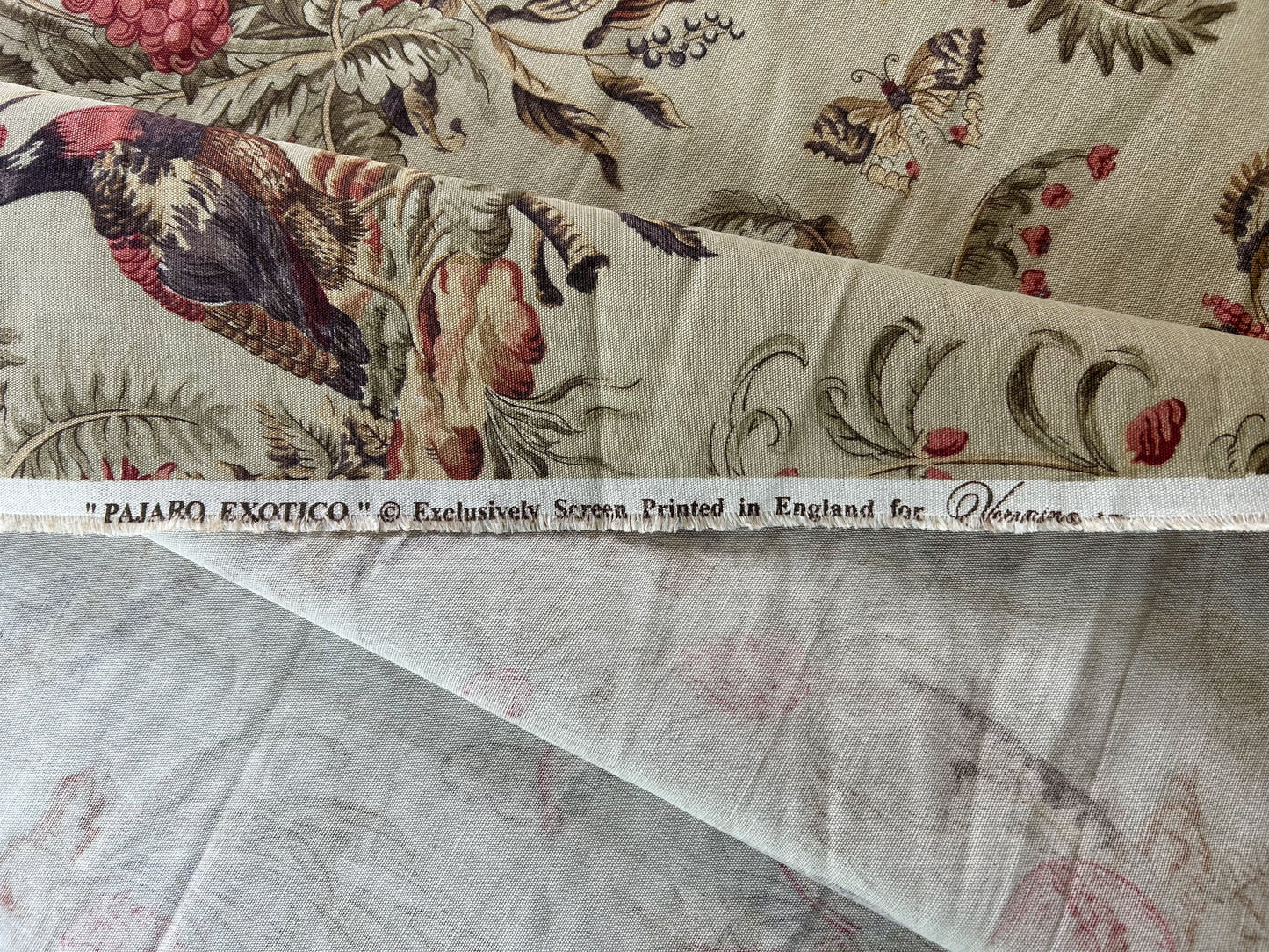 Vervain Pajaro Exotico Print Fabric In Document Beige Light Brown Red Pink Linen Cotton 2.8 Yards MSRP$156/Y