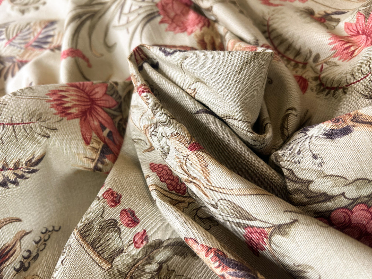Vervain Pajaro Exotico Print Fabric In Document Beige Light Brown Red Pink Linen Cotton 2.8 Yards MSRP$156/Y