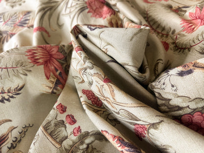 Vervain Pajaro Exotico Print Fabric In Document Beige Light Brown Red Pink Linen Cotton 2.8 Yards MSRP$156/Y