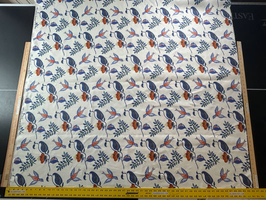 Nine Muses Textile Mexican Bird Linen Print Fabric Indigo Blue White Red Green Yellow