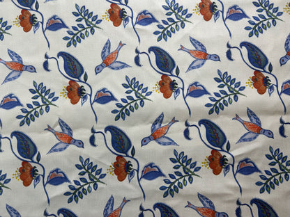 Nine Muses Textile Mexican Bird Linen Print Fabric Indigo Blue White Red Green Yellow