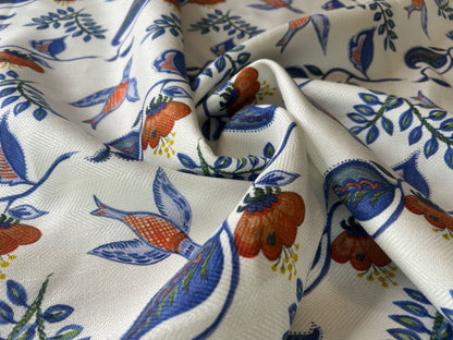 Nine Muses Textile Mexican Bird Linen Print Fabric Indigo Blue White Red Green Yellow
