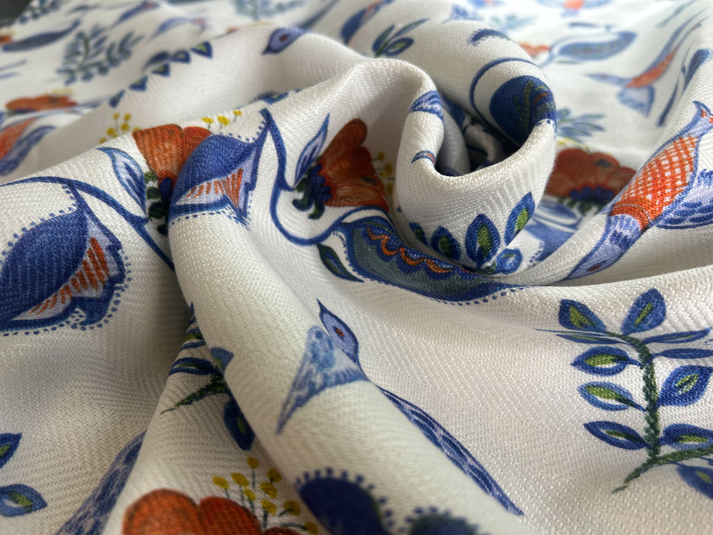 Nine Muses Textile Mexican Bird Linen Print Fabric Indigo Blue White Red Green Yellow