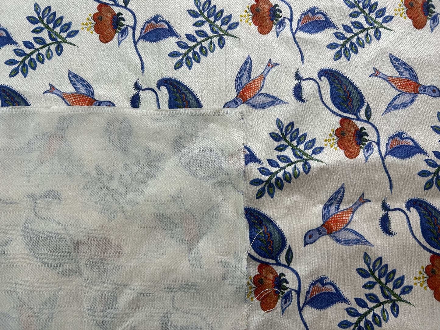 Nine Muses Textile Mexican Bird Linen Print Fabric Indigo Blue White Red Green Yellow