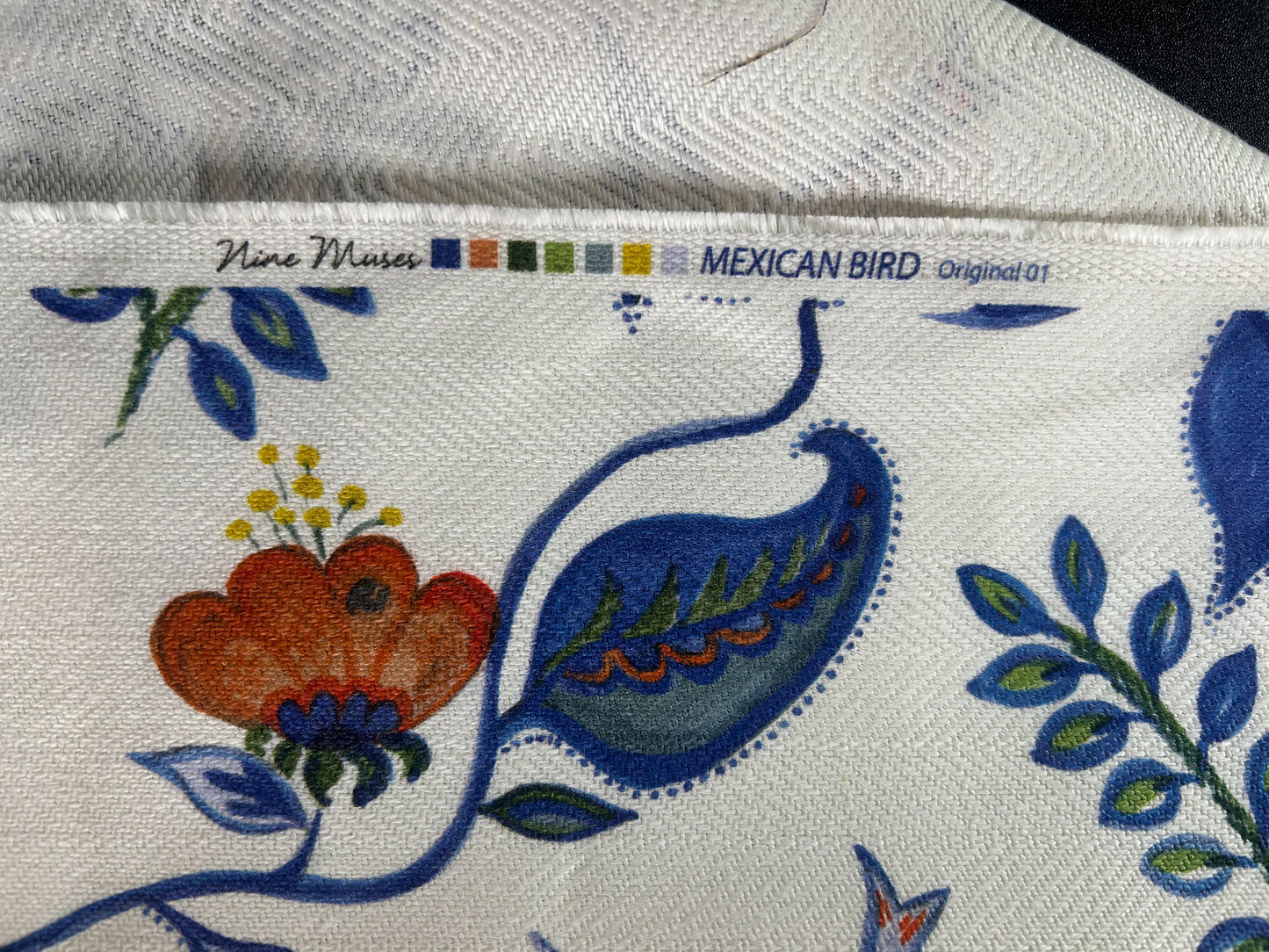 Nine Muses Textile Mexican Bird Linen Print Fabric Indigo Blue White Red Green Yellow