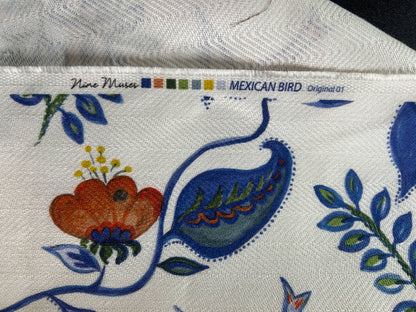 Nine Muses Textile Mexican Bird Linen Print Fabric Indigo Blue White Red Green Yellow