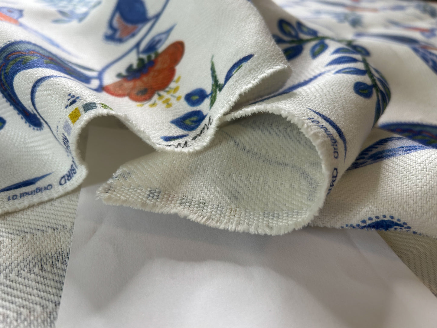 Nine Muses Textile Mexican Bird Linen Print Fabric Indigo Blue White Red Green Yellow