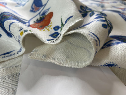 Nine Muses Textile Mexican Bird Linen Print Fabric Indigo Blue White Red Green Yellow