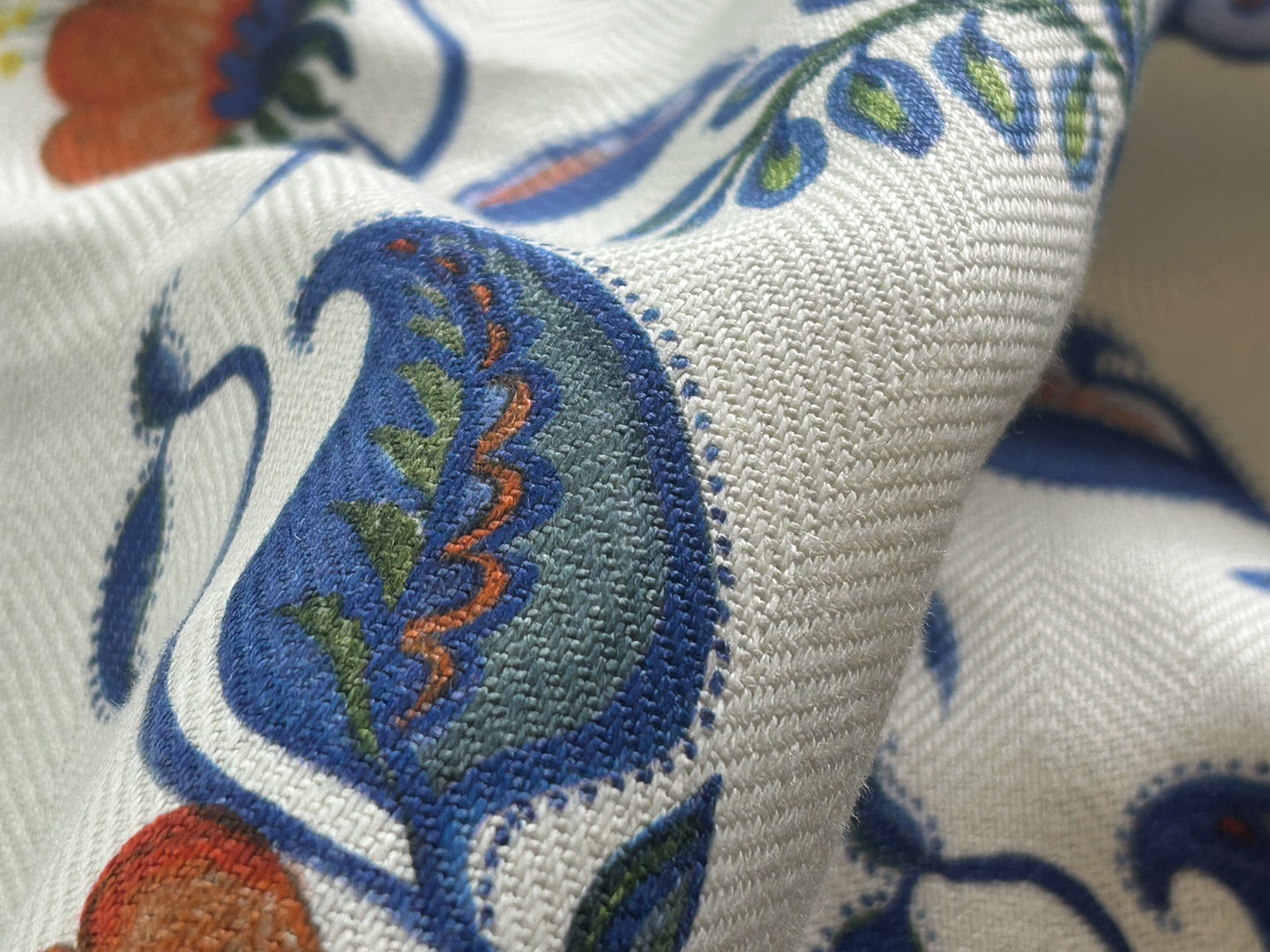 Nine Muses Textile Mexican Bird Linen Print Fabric Indigo Blue White Red Green Yellow