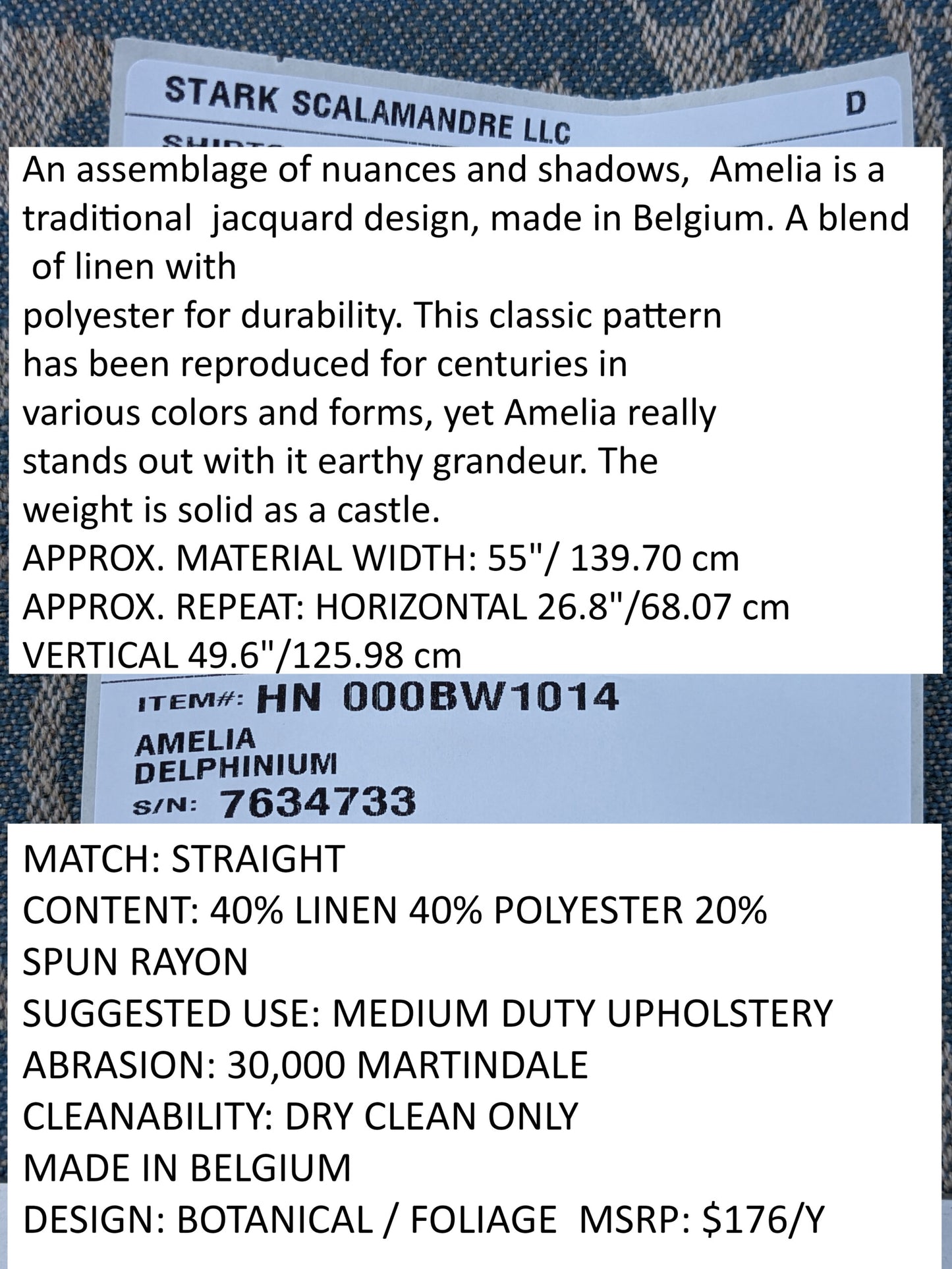 Scalamandre Amelia Delphinium Blue Renaissance Damask Jacquard Linen Acanthus Feather MSRP USD 176/y