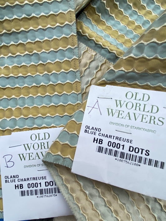 32 Berkbox71 Scalamandre Square Silk Old World Weavers Oland Blue Chartreuse Yellow Blue Circle Pattern Small Scale Stripe MSRP USD138/y