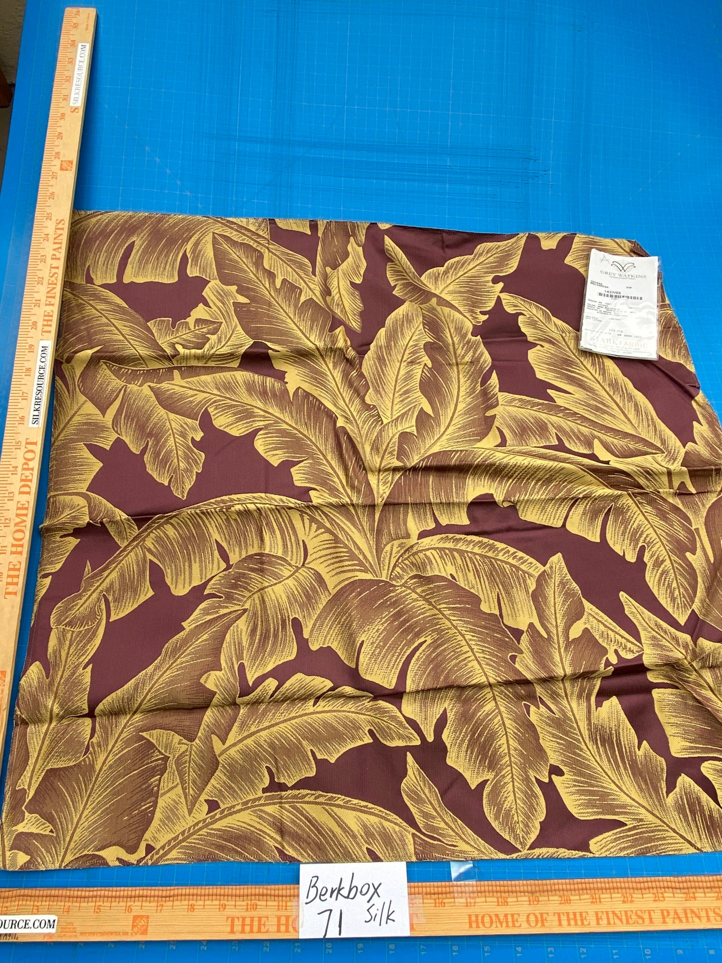 37 Berkbox71 Scalamandre Square Silk Grey Watkins Havana Malvarosa Leaves Foliage Malvarosa Purple Gold Tropical MSRP USD 412/y