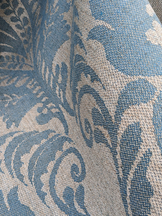 Scalamandre Amelia Delphinium Blue Renaissance Damask Jacquard Linen Acanthus Feather MSRP USD 176/y