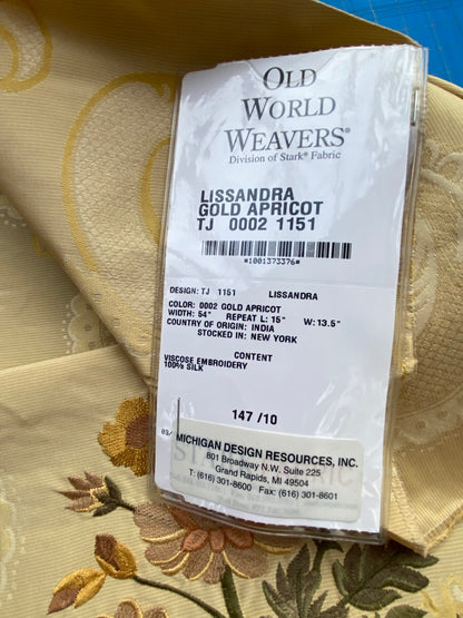 57 Berkbox71 Scalamandre Square Silk by Old World Weavers Lissandra Gold Apricot Viscose Embroidery Floral MSRP USD 300+/y